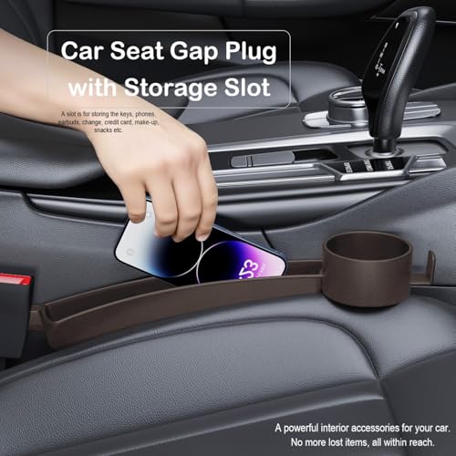 Car Seat Gap Plug with Storage Slot, Auto Gap Filler Organizer with Cup Holder, Universal Carseat Side Gap Filler Strip 2 Pack Between Front Seats & Console, Anti-Drop Pad with Seatbelt Holes, Brown - color: Brown, Cup Holder & Hook