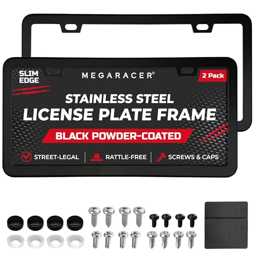 Powder-Coated Matte Black Thin License Plate Frames – 2 Pack, Car Wash Proof Stainless Steel, Rust-Free, Rattle-Free, Street Legal, Slim 2 Hole with Screw Caps, Gloss Metal Front & Rear Tag Holders - color: Black, size: 2 Piece