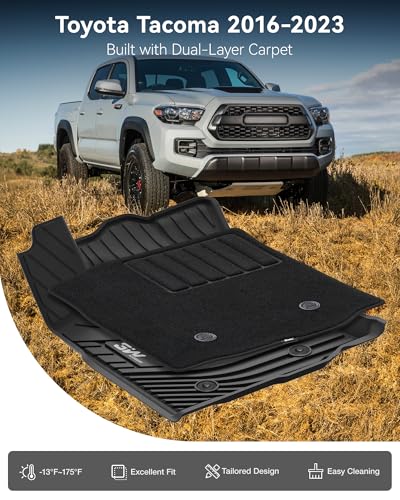 3W Floor Mats with First Row Carpets for Toyota Tacoma 2016-2023, TPE Floor Liner Thickened Carpet with Safety Locks and Driver Heel Pad fit Tacoma Cars Accessory(Only for Double Cab and Automatic) - size: 6. Tacoma|16-23|Floor Mats&First Row Carpet