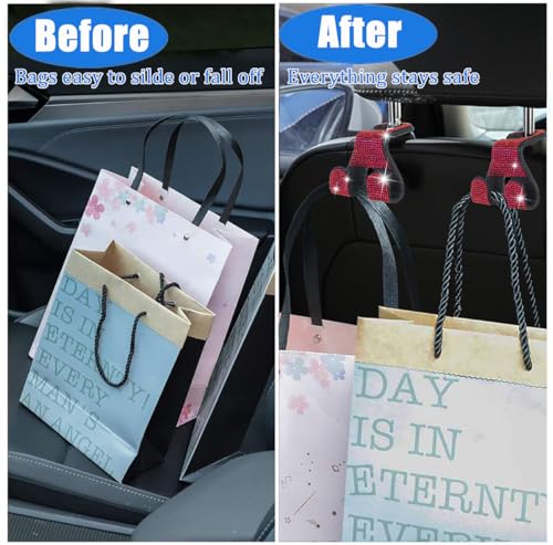 Bling Car Purse Hooks 2Pcs, Durable Car Headrest Hook, Holds 44Lbs, Double-Hooks, Wide-Opening, Rhinestone Automobile Purse Hangers Holder, Bling Car Accessories for Women, Red - color: Bling Red