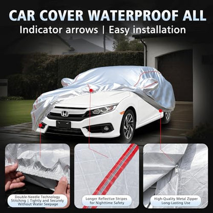 Car Cover Waterproof All Weather for Honda Civic 1991-2024,All-Around Fastening and 4 Upgrades, 30s Quick-Install for Car Cover - size: 4 (for Honda Civic）