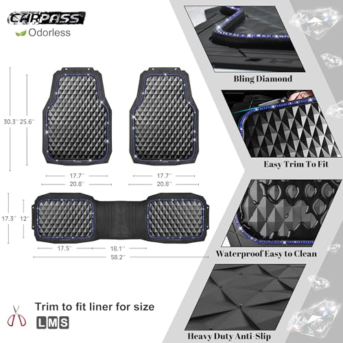 CAR PASS Bling Diamond Rubber Car Mats, Heavy Duty Deep Dish All-Weather Floor Mat Full Set Anti-Slip 3D Rhombus Waterproof Trim to Fit Liner Universal Glitter Sparkly Shining Rhinestone, Black Blue - color: Blue Diamond