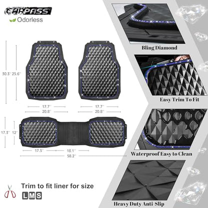 CAR PASS Bling Diamond Rubber Car Mats, Heavy Duty Deep Dish All-Weather Floor Mat Full Set Anti-Slip 3D Rhombus Waterproof Trim to Fit Liner Universal Glitter Sparkly Shining Rhinestone, Black Blue - color: Blue Diamond