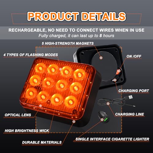 2PCS Amber LED Emergency Strobe Lights, Magnetic Strobe Flashing Beacon Lights Rechargeable Wireless Battery Powered 12-LED Caution Safety Warning Lights for Trucks Trailers Car Van ATV Tow - color: Amber