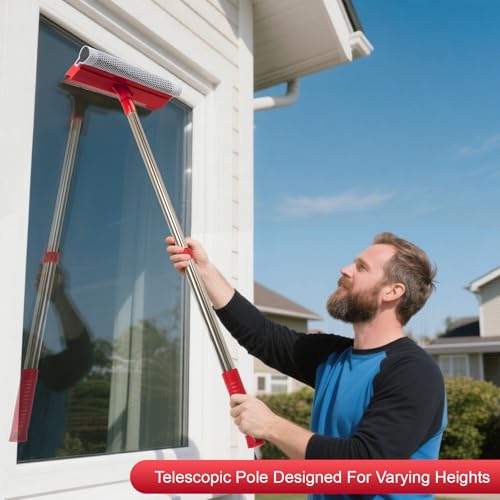 Window Squeegee with 15.7"-27.5" Retractable Stainless Steel Handle, 2-in-1 Windshield Cleaner Tool for Cars, Trucks, Glass Doors, Shower Glass, Outdoor Windows – Window Cleaner (Red)