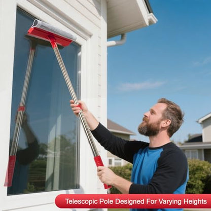 Window Squeegee with 15.7"-27.5" Retractable Stainless Steel Handle, 2-in-1 Windshield Cleaner Tool for Cars, Trucks, Glass Doors, Shower Glass, Outdoor Windows – Window Cleaner (Red)