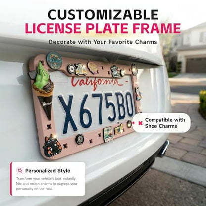 DIY Charm License Plate Frame Hot Pink, 2-Pack Premium TPU License Plate Holder Compatible with Shoe Charms, Anti-Theft Stainless Steel Hardware Kit & Tools, Rattle-Proof Drainage Design - color: Pink, size: 2 PCS