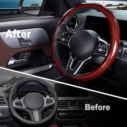 Car Steering Wheel Cover Carbon Fiber Snap On Steering Wheel Accessories Wrap 14.5-15 inch Universal Grip Anti-Skid Protector, Glossy Red - color: Glossy Red