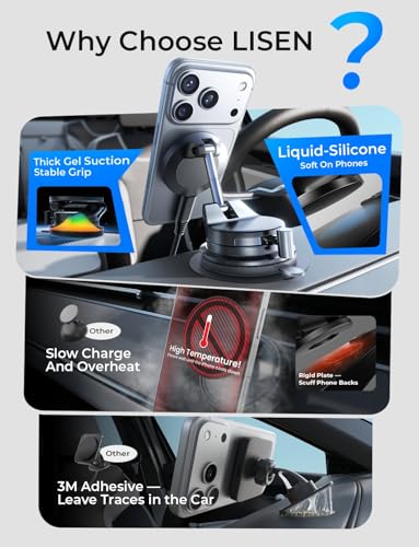 LISEN 15W Magsafe Car Mount Charger, Magnetic Wireless Car Charger, Suction Phone Mount, Vacuum Magnetic Phone Holder for Car Charger for iPhone 17 Pro Max 16 15 14 13 12, Samsung,Pixel, Gifts for Mom