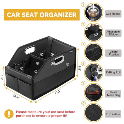 Car Seat Organizer for Back Seats&Front-Foldable PU Leather Storage with Adjustable Dividers,2 Cup Holders&7 Mesh Pockets-Detachable Design with Metal Handles for Kids Travel,Toys,Snacks