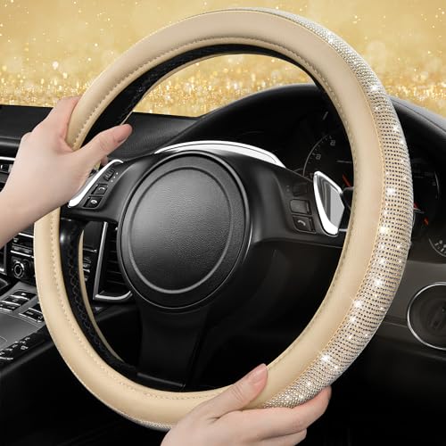 CAR PASS Bling Diamond Beige Leather Steering Wheel Cover, White Sparkly Crystal Glitter Rhinestones Universal Fit 14" 1/2-15" Car Wheel Protector for Women Girl Fit Suvs,Vans,Sedans,Trucks, Beige - color: Beige Leather
