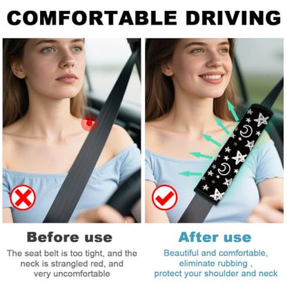 2Pcs Soft Auto Seat Belt Cover Pad Moon and Star Print Car Seatbelt Shoulder Cushion for Comfortable Driving, Compatible with All Cars' Seatbelt and Backpack Straps - color: Stars Moon