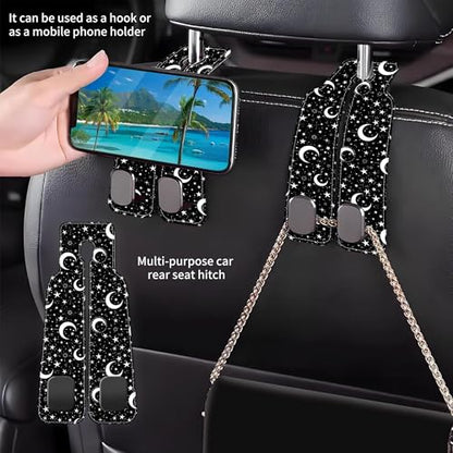 1 Pack Car Seat Headrest Hooks for Purses and Bags White Stars and Moons Bag Purse Holder for Car with Double Metal Hooks Car Purse Hanger Hanging Accessories - color: White Stars and Moons