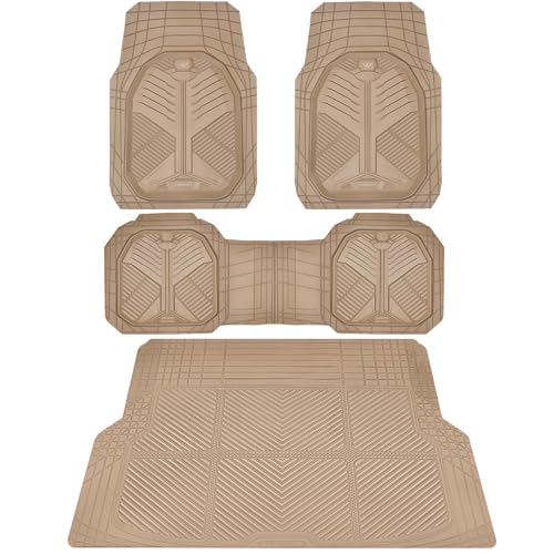 CAR PASS Heavy Duty Rubber Car Mats with Cargo Liner, Deep-Dish Car Floor Mats and Trunk Mat All Weather, Universal Trim-to-Fit for SUVs Trucks Sedans, Waterproof Anti-Slip, Trimmable V12 Beige - color: Beige Full Set