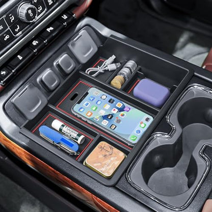 EDBETOS Console Organizer Compatible with 2014-2018 Chevy Silverado/GMC Sierra 1500 and 2015-2019 Silverado/Sierra 2500HD/3500HD Accessories Compartment Insert Tray - Full Console w/Bucket Seats ONLY - color: Red Trim