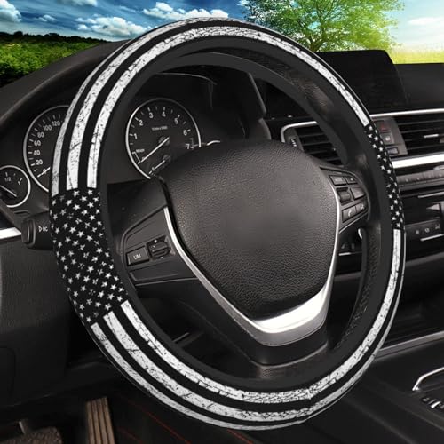 Black White American Flag Elastic Steering Wheel Cover, Non-Slip Breathable Neoprene Steering Wheel Covers, Men Car Accessories, Universal 15 Inch Fit Auto, Suvs, Truck - color: Black White American Flag