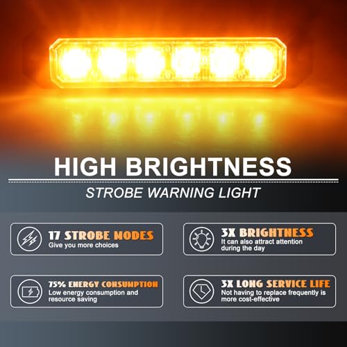 6-LED Amber Emergency Strobe Light Bar, 2PCS Safety Warning Flashing Beacon Sync Feature Lights, Caution Hazard Grille Surface Mount Lamp for Vehicles Trucks Buses ATVS RV Tows Cars