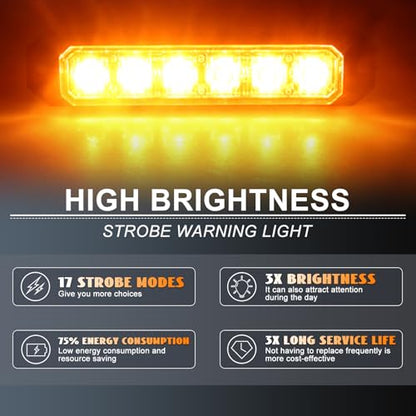 6-LED Amber Emergency Strobe Light Bar, 2PCS Safety Warning Flashing Beacon Sync Feature Lights, Caution Hazard Grille Surface Mount Lamp for Vehicles Trucks Buses ATVS RV Tows Cars