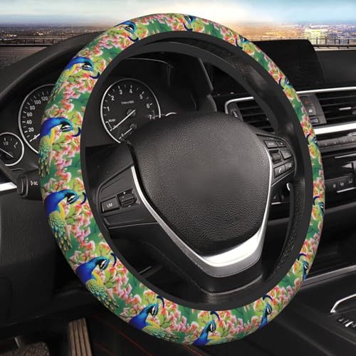 Peacock Steering Wheel Cover for Women Men Elastic Stretch Steering Wheel Protector Universal 15 inch Car Interior Accessories Breathable Microfiber Ice Silk