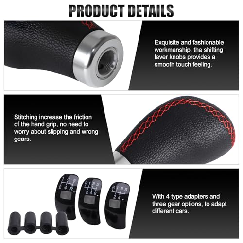 Universal 5/6 Speed Leather Car Racing Gear Shift Shifter knob,Artificial Leather and ABS Black Stitching Shift Knob with 4 Adapters,Replaceable 3 Gear Position Pastors(Black+Red Line) - color: 5/6 Speed Leather(Black+Red Line)