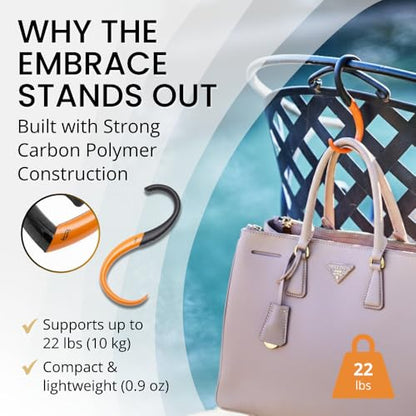 EMBRACE Dual Colour Purse Hook Hanger – Lightweight, Teardrop S Hooks | Bag Clip Holds 22 lb Bags, Backpacks | Purse Charms for Women, Men | Caviar & Orange - color: caviar/orange