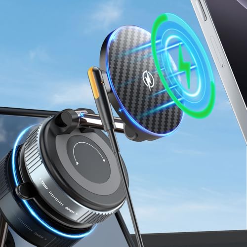 PlusAcc Vacuum Magnetic Phone Holder for Car, Suction Cup Phone Mount for MagSafe, 360°Rotatable Strong Magnet Stand for iPhone 16/15/14/13 in Smooth Surface (Charging)