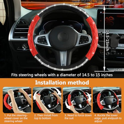 Diamond Steering Wheel Cover ，with Bling Crystal Rhinestone,Delicate and Anti-Slip Sparkly Sedan Steering Wheel Cover ，Adaptable to 14.5-15 inches Car Wheel Protector for Women Girl ，Black & Red - color: Black+Red