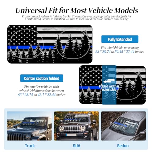 63"x28.5" Car Windshield Sun Shade with Storage Pouch, Stylish Printed Front Window Sunshade with Double Ring Frame, Universal Fit Foldable Heat Blocker & UV Protector for SUV, Sedan (Blue Line Flag) - color: Blue Line Flag