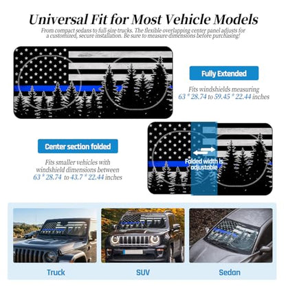 63"x28.5" Car Windshield Sun Shade with Storage Pouch, Stylish Printed Front Window Sunshade with Double Ring Frame, Universal Fit Foldable Heat Blocker & UV Protector for SUV, Sedan (Blue Line Flag) - color: Blue Line Flag