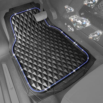 CAR PASS Bling Diamond Rubber Car Mats, Heavy Duty Deep Dish All-Weather Floor Mat Full Set Anti-Slip 3D Rhombus Waterproof Trim to Fit Liner Universal Glitter Sparkly Shining Rhinestone, Black Blue - color: Blue Diamond
