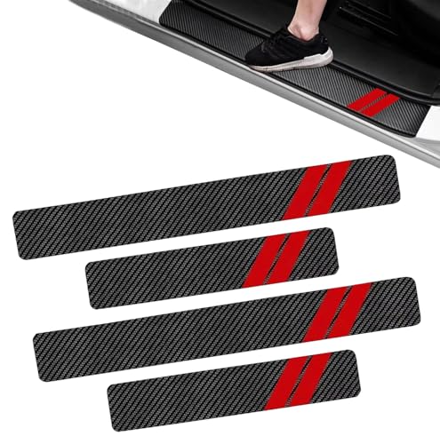 4 PCS Car Door Sill Protector, Carbon Fiber PU Leather Door Sill Protection Stickers, Universal Car Anti-scratch Decorative Sticker for Trunk Welcome Pedal (Red) - color: Red