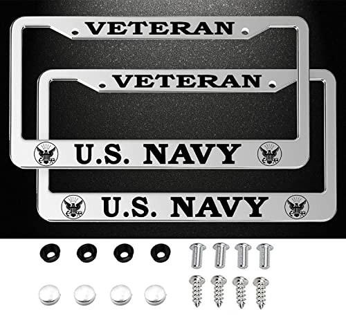 2 PCS for US Navy Veteran License Plate Frames,Silver Aluminum License Plate Holder for USN License Plate with Screw Set - color: NA-VE-SILVER, size: 2pcs