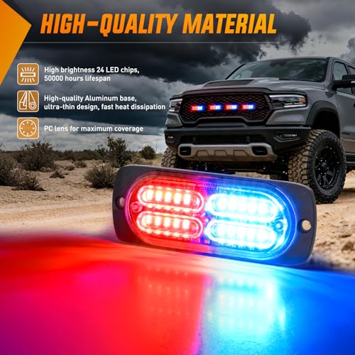 Nilight 4PCS 24LED Emergency Strobe lights 12V 24V Red Blue Surface Mount Grille Hazard Safety Warning Light Sync Feature Side Flashing Marker Flash for Car Truck Campers - color: Red Blue
