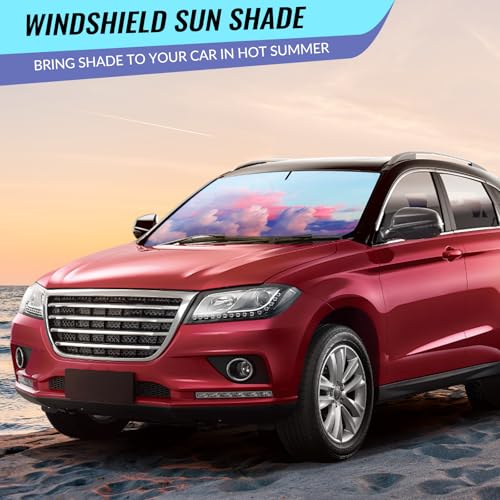 Car Windshield Sun Shade - Reflector Sunshade Offers Ultimate Protection for Car Interior, Cool Reflective Sun Blocker Fits Small Sedans, Mini SUVs - color: Pink and purple clouds