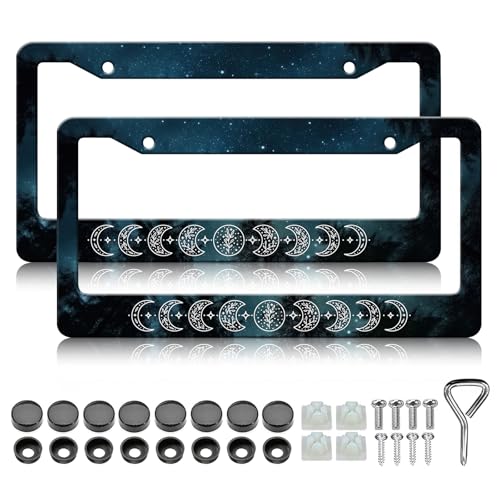 HCSS Starry Sky Moon Phase License Plate Frames - 2 Pack Night Sky Forest License Plate Holder, Stainless Steel Rust-Proof Waterproof Car Decorative Tag Frame for Standard US 12x6 Inch - color: Starry Sky Moon Phase