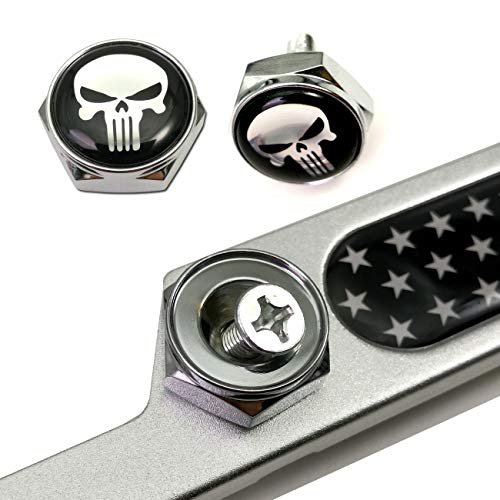 Aootf License Plate Screw Bolt Caps- Logo Billet Metal Car License Plate Bolts Frame Screw Cover with Black Skull Sticker, License Plate Frame Security Fastener Kit with Anti-Rattle Foam Pads - color: Skull Screws