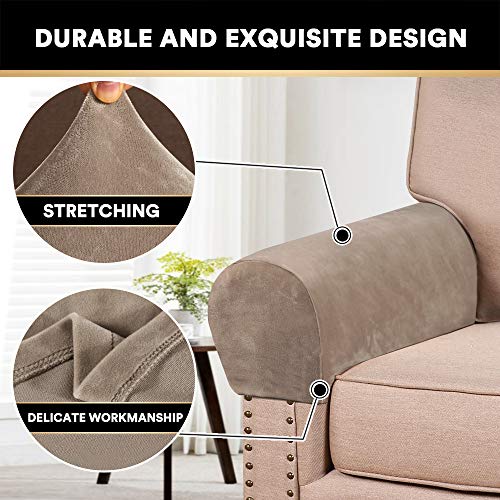 PrinceDeco 4 Pack Thick Velvet Stretch Armrest Covers for Chairs and Sofas - Non Slip, Taupe - color: Taupe