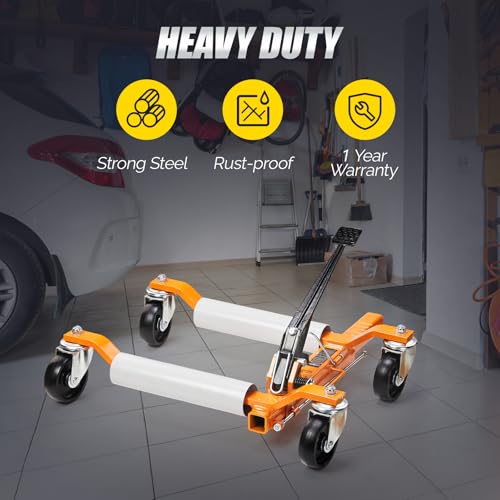 TUFFIOM Car Wheel Dolly Jack Set of 4, Mechanical 6000-lbs Car Skates, 12'' Wheel Vehicle Positioning Jack, Heavy Duty Rollers with Ratcheting Foot Pedal for Tire Auto Repair Moving, Orange - color: Orange