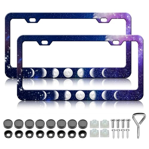 HCSS Moon Phase License Plate Frames - 2 Pack Starry Sky Bling License Plate Holder, Stainless Steel Rust-Proof Waterproof Car Decorative Tag Frame for Standard US 12x6 Inch - color: Moon Phase