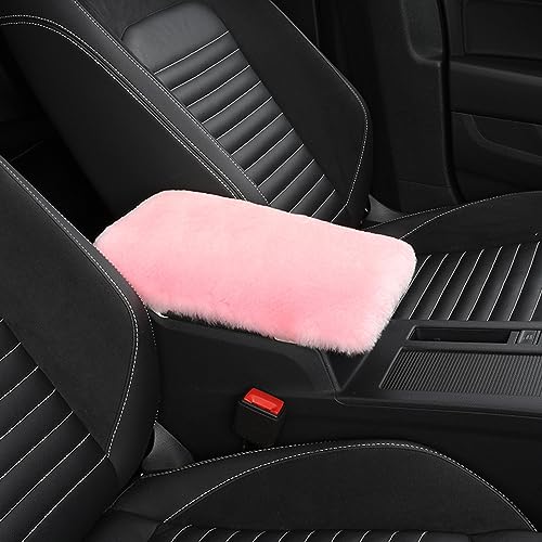 Genuine Sheepskin Center Console Cover Pad Genuine Furry Fluffy Wool Fur Car Armrest Cover Protector Universal Fit for SUV/Truck/Car - color: Shearling-Pink