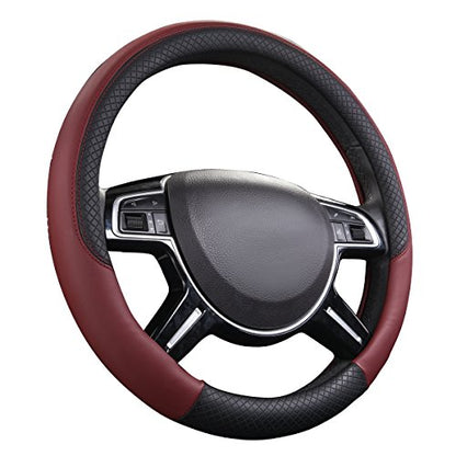 CAR PASS Rhombus Leather Universal Steering Wheel Cover, Fit for Suvs,Trucks,Cars,Sedans,Vans (Black&Burgundy) - color: Black and Burgundy, size: Standard[14.5"-15"]