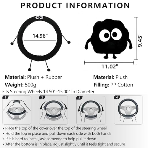Car Headrest Pillow & Steering Wheel Cover Set with Cute Big-Eyed Furball Travel Neck Support Pillow Fur Car Interior Accessory (Black 3Pcs Set) - color: Black 3pcs Set