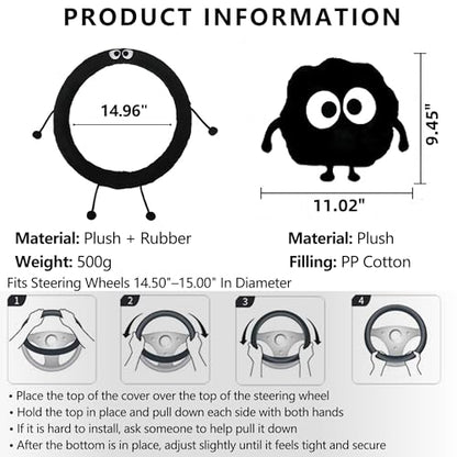 Car Headrest Pillow & Steering Wheel Cover Set with Cute Big-Eyed Furball Travel Neck Support Pillow Fur Car Interior Accessory (Black 3Pcs Set) - color: Black 3pcs Set