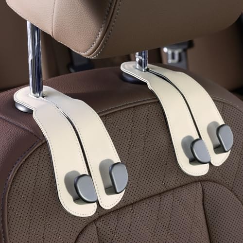 CoBak Headrest Hooks for Car - Universal Premium Stitched Leather and Aluminum-Magnesium Alloy Double Car Seat Back Storage Hook for Purses, Handbags, Bags (2 Pack),Beige - color: Beige, size: Double-Hooks