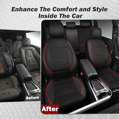 CAR PASS Mesh Leather Car Seat Covers Full Set,Breathable Mesh Faux Leather Seat Covers for Car, Universal Fit for SUV Truck Sedan Automotive, Airbag Compatible, Black and Red - color: Red Black Mesh Leather
