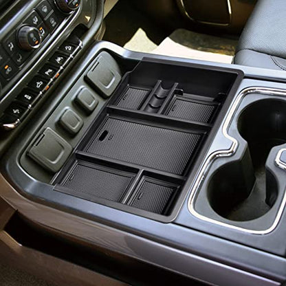 EDBETOS Center Console Organizer Tray Compatible with 2014-2018 Chevy Silverado/GMC Sierra 1500 Accessories 2015-2019 Silverado/Sierra 2500HD/3500HD Compartment Storage,Full Console w/Bucket Seat ONLY - color: Black Trim