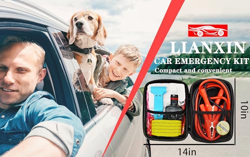 LIANXIN Car Emergency Roadside Tool Kit, Auto Emergency Kits Vehicles, with Jumper Cables kit，Car Safety Roadside Assistance Kit,Headlamp,Tow Straps,Safety Hammers,Rainwear,Gloves.Sky Blue - color: Sky Blue
