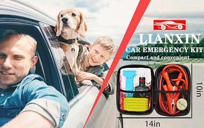 LIANXIN Car Emergency Roadside Tool Kit, Auto Emergency Kits Vehicles, with Jumper Cables kit，Car Safety Roadside Assistance Kit,Headlamp,Tow Straps,Safety Hammers,Rainwear,Gloves.Sky Blue - color: Sky Blue