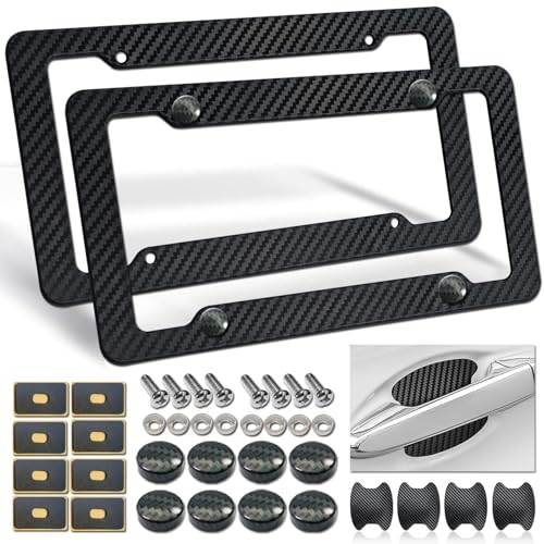 Carbon Fiber License Plate Frames- Black Carbon Pattern Plastic Front & Rear Car Tag Holder Cover 2 Pack with Mount Hardware, Screws, Caps, Handlebar Stickers - style: Carbon Fiber-Plastic-4 Hole