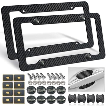 Carbon Fiber License Plate Frames- Black Carbon Pattern Plastic Front & Rear Car Tag Holder Cover 2 Pack with Mount Hardware, Screws, Caps, Handlebar Stickers - style: Carbon Fiber-Plastic-4 Hole